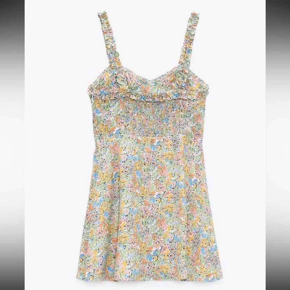 Zara Floral Mini Dress Sweetheart Neck Ruffle Strap Smocked Sundress Multi XXL - Picture 6 of 10